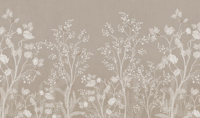 Chinoiserie floral wallpaper mural with white blooming trees, peonies, and birds on a neutral beige background © kalakarilife