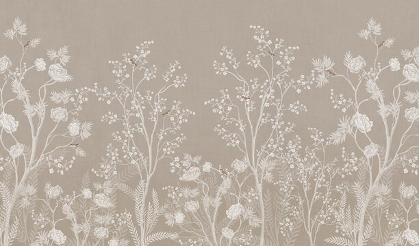 Chinoiserie floral wallpaper mural with white blooming trees, peonies, and birds on a neutral beige background