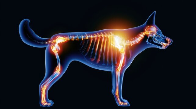 Digital X-ray illustration of a dog skeleton showing anatomy and joint pain points.