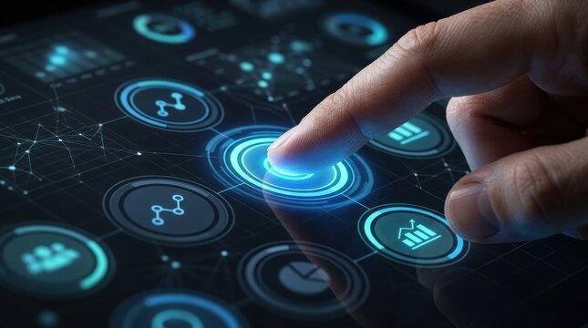 Finger pressing a glowing digital interface with futuristic icons and data visualizations