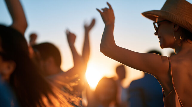 silhouette rear view of a backlit group of friends dancing together during a bright summer beach party, backs to camera, vibrant sky backdrop, celebration concept, coastal