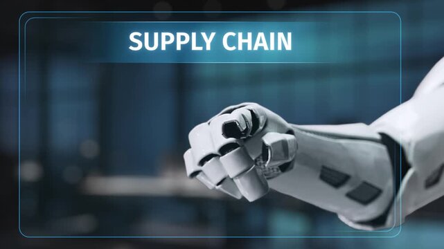 A robotic arm interacts with a digital interface representing a supply chain, showcasing symbols and icons that emphasize innovation in logistics and technology. Synapse
