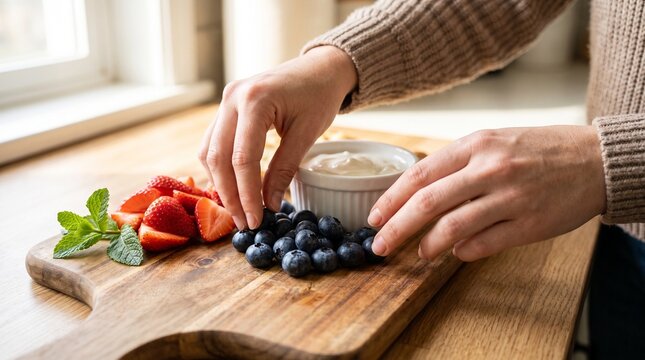 Hands arranging strawberries and blueberries with mint on wooden board, food styling