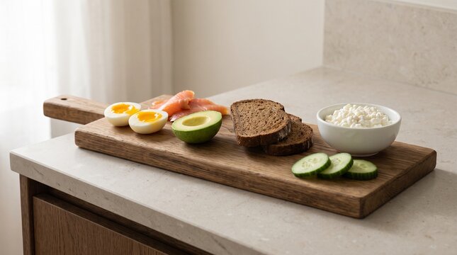 Wooden board with boiled egg, salmon, avocado and rye bread breakfast