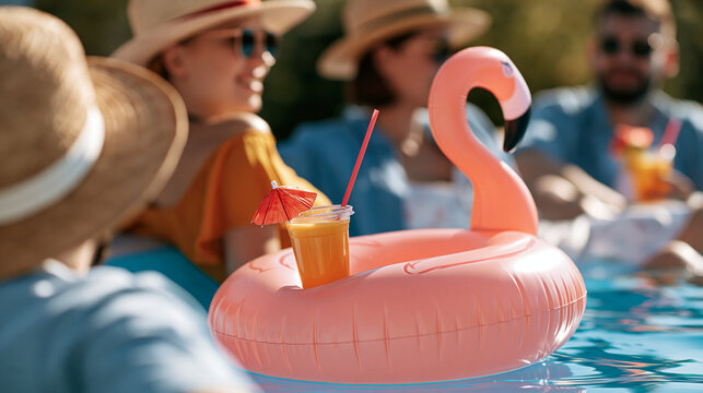 rear view of friends enjoying a summer pool party with tropical drinks and a floating flamingo inflatable in bright daylight, backs to camera, celebration concept, lifestyle,