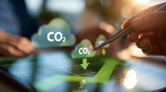 close-up of a hand using tweezers to arrange CO2 emission cloud icons moving downward on a green arrow graph, face out of frame, carbon footprint reduction concept, climate
