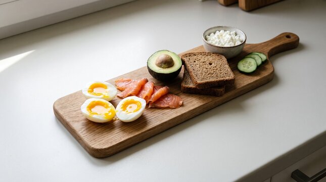 Wooden breakfast board with soft-boiled eggs, smoked salmon and avocado, healthy morning spread