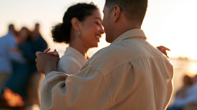 rear view of a couple dancing together on a bright sunny beach with friends gathered around a fire pit, backs to camera, celebration concept, coastal lifestyle, romance,