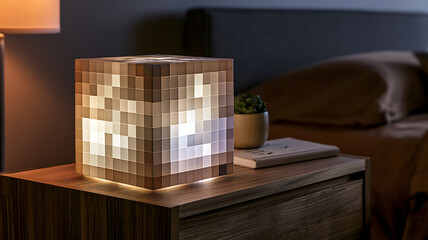 Fototapeta premium Modern pixelated cube lamp glowing on a wooden nightstand