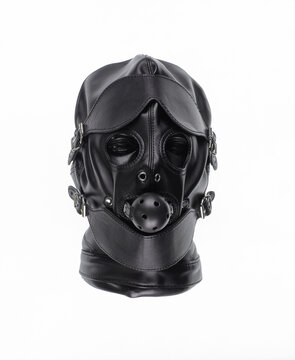 Black latex fetish mask isolated on white background