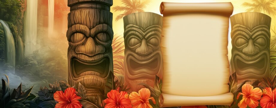 Tropical tiki banner with wooden totem statues and blank parchment scroll for copy space.