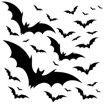 Black silhouettes of flying bats swarm vector illustration - design for Halloween party decorations, spooky greeting cards, and apparel printing. JPEG version.