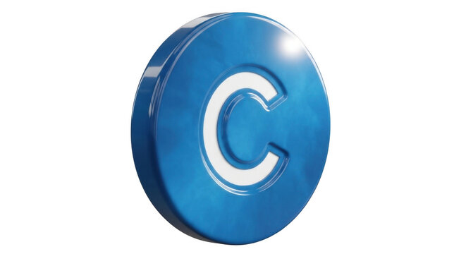 Glossy blue circular emblem with letter C symbol in studio lighting on transparent background