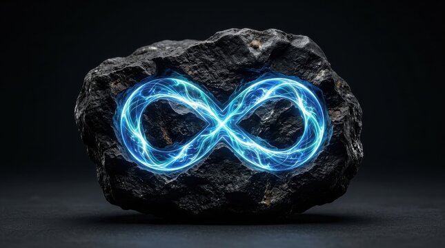 Glowing infinity symbol emerges from dark, textured rock with blue energy