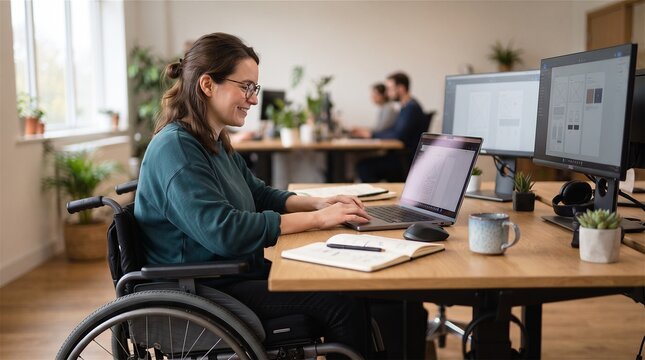 Smiling disabled woman using laptop at modern workplace