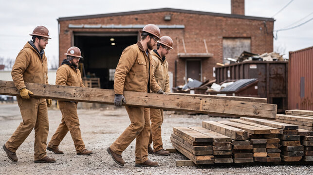 Crew stages reclaimed timber for circular renovation recovery