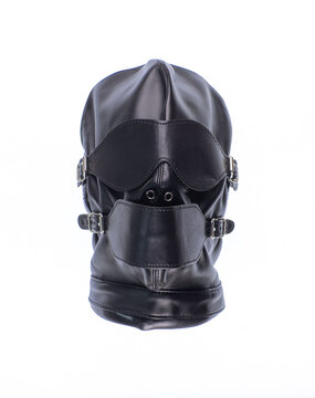 Black latex fetish mask isolated on white background