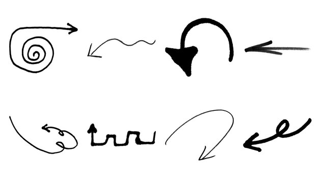 Set of hand drawn arrows and doodle shapes in black ink