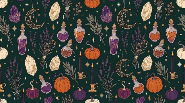 Mystical Potion Bottles Crystals and Moon Seamless Pattern