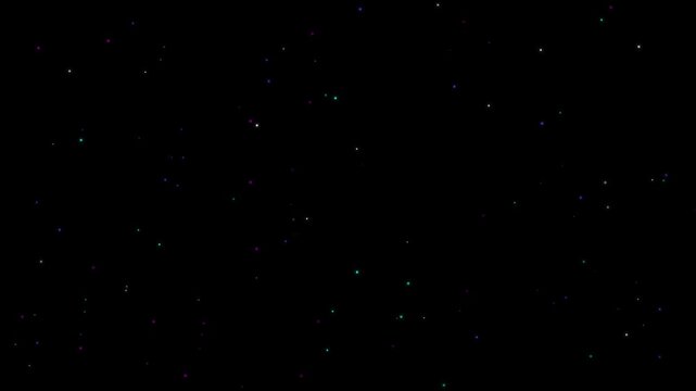 Twinkling colorful particles floating across black background in loopable motion graphic sequence for space exploration videos and minimalist digital backgrounds.