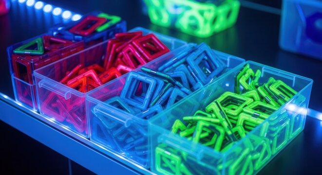 Colorful Magnetic Building Tiles Organized In Clear Containers With Blue Lighting