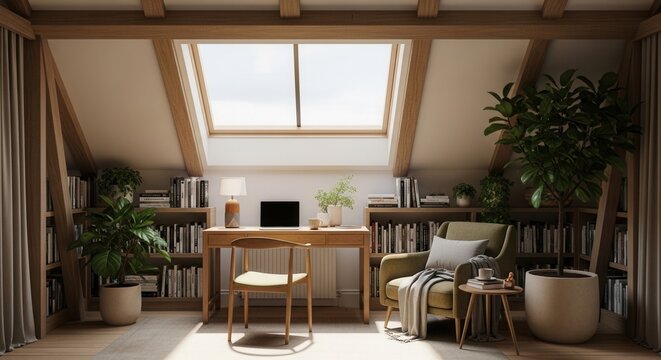 Cozy Attic Home Office With Bookshelves And Skylight