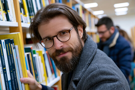 Gorgeous and professionally composed picture of readers selecting books from organized library shelves, clean environment, realistic academic setting