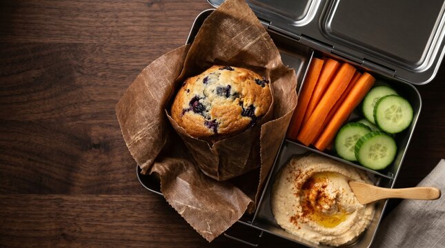 Bento lunch box with muffin in beeswax wrap, Healthy school snacks and vegetables, Zero waste meal preparation close up, Sustainable food storage, Dark wood texture