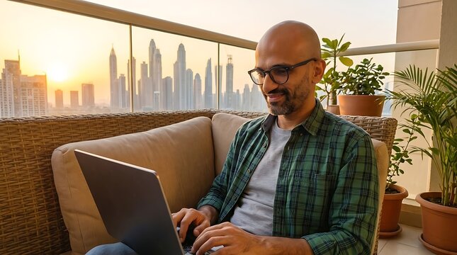 Freelancer working on laptop sitting on balcony couch with city skyline at sunset.