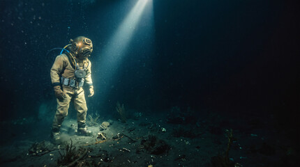 Fototapeta premium Deep Sea Explorer: A solitary diver, clad in vintage gear, descends into the inky depths, illuminated by a single beam of light, exploring the mysterious underwater world.