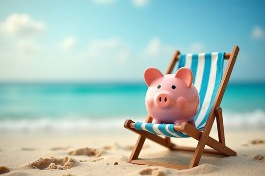 Piggy Bank Relaxing on a Deckchair by the Beach: A Symbol of Financial Security and Retirement Savings