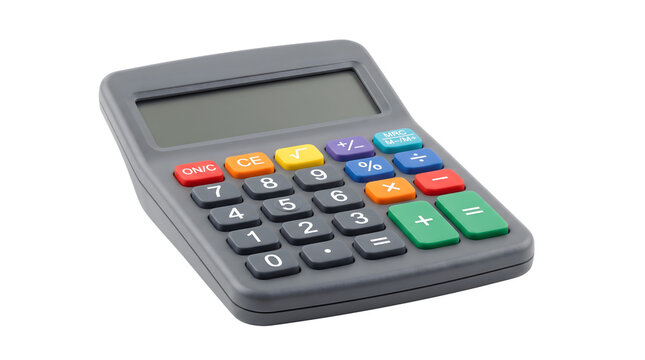 Electronic digital calculator with colorful buttons, portable office accounting tool, plastic math device on white background