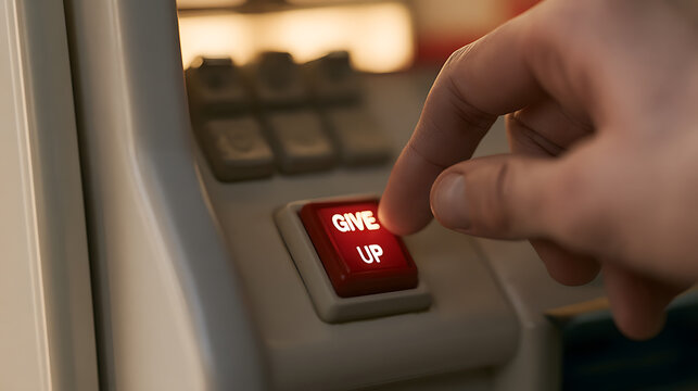 Close up of a human hand press a red button labeled "GIVE UP" on a console, symbolizing a moment of surrender or conclusion