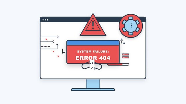 Computer Monitor Displaying a System Failure Notification with an Error 404 Web Page Page Not Found Message on a Digital Screen