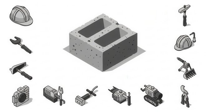 Construction Elements And Tools Isometric Collection For Building