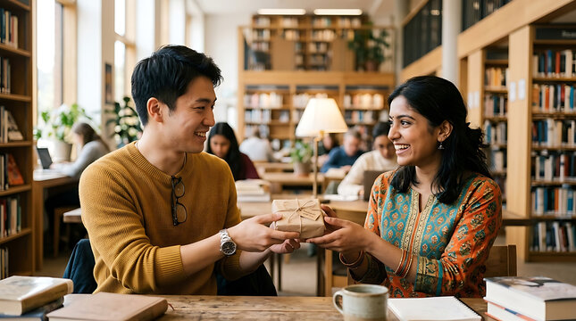 Young man gives a gift to a young woman in a library setting with bookshelves in the background