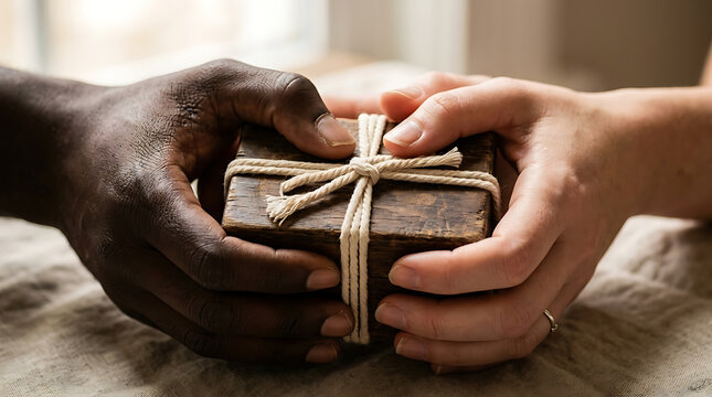 Diverse hands holding a rustic wooden gift box tied with twine, symbolizing unity and sharing