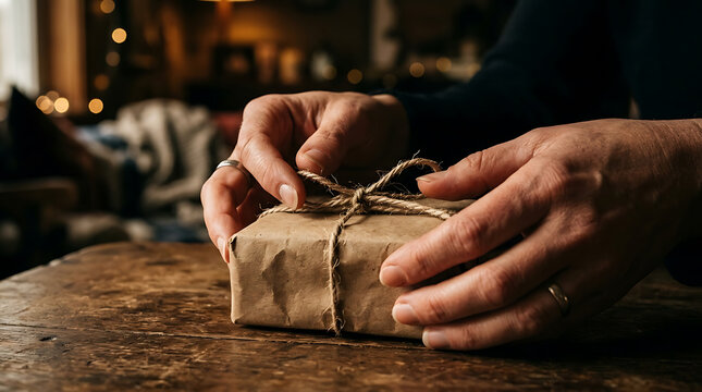 Hands tying twine around a rustic brown paper gift box on a wooden table