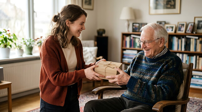 Young woman gives a gift box to an elderly man sitting in a chair at home