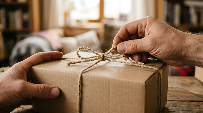 Hands tying a rustic twine bow on a cardboard gift box on a wooden table