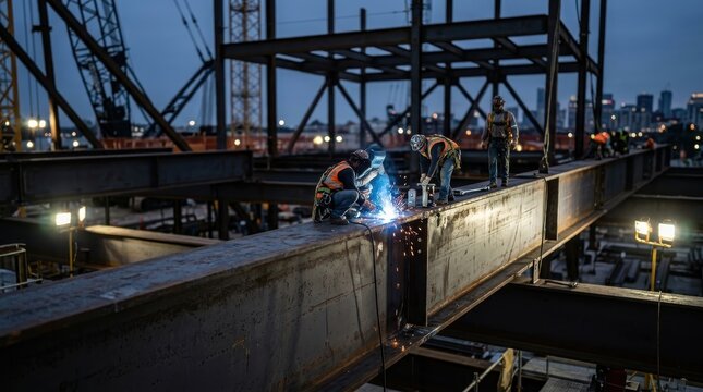 Industrial Infrastructure Construction. Ironworkers welding steel beams on a high-rise construction site at twilight, professional civil engineering project development.