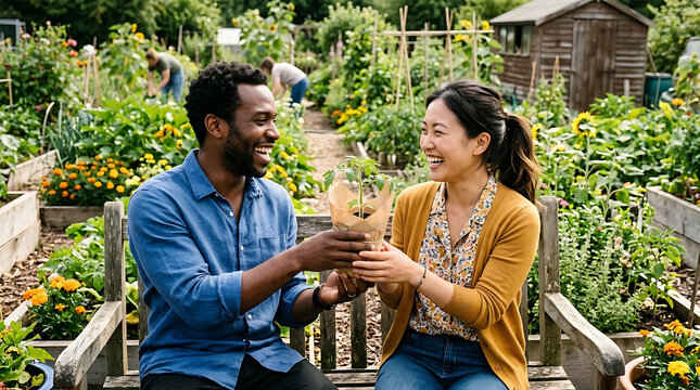 Joyful couple shares a tomato plant in a vibrant community garden on a sunny day