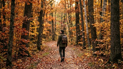 Fototapeta premium Man walking on a leaf-covered path through an autumn forest