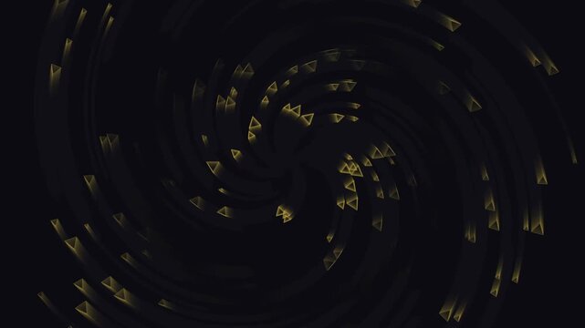 Abstract golden geometric triangles spiral motion background featuring glowing yellow shapes spinning in hypnotic vortex pattern for dark cinematic visual effects.