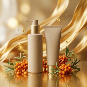Organic Skincare Essence. Sea buckthorn cosmetic bottles with golden liquid serum splashes, luxury skincare product branding, moisturizing beauty routine and facial treatment display