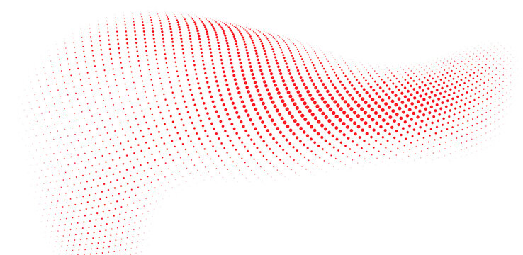 Abstract red halftone dot wave background with flowing particle pattern and futuristic digital motion