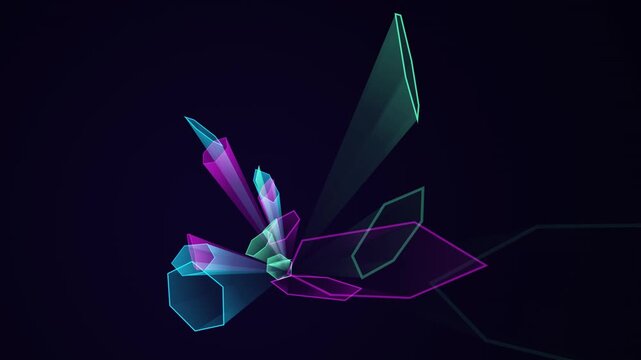 Abstract digital crystal formation with glowing geometric neon shapes rotating on dark background creating dynamic cinematic motion graphics for tech projects.