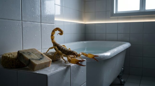 Scorpion on bathroom counter near bathtub and soap, unexpected encounter
