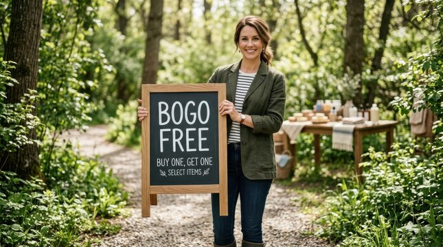 Woman holding a BOGO Free sign in a lush outdoor market setting