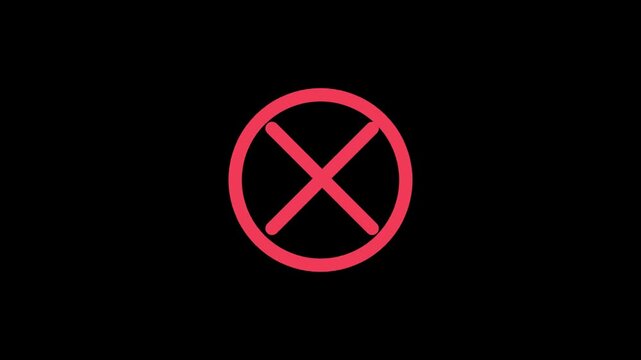 Red cross symbol inside circle rotating against solid black background represents warning error rejection status alert icon sign for digital interface notification.